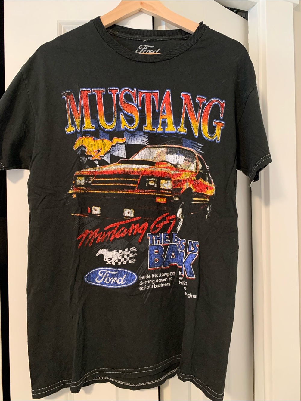 Ford Black Mustang Graphic Tee with Red and Yellow Car Print